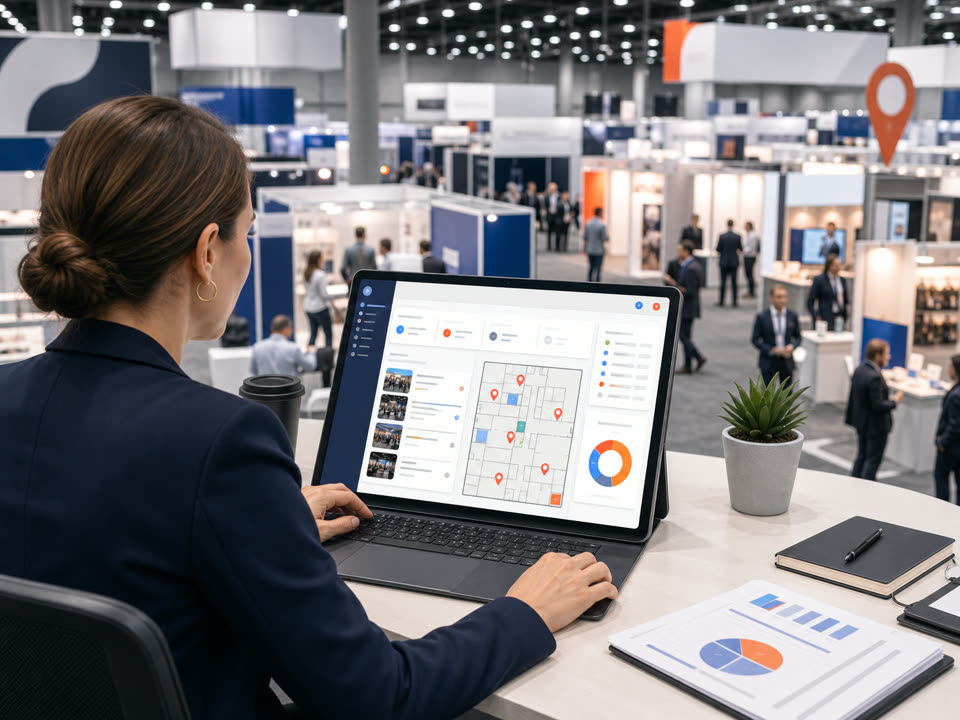 An event organizer managing vendor booths and a digital floor map from a laptop